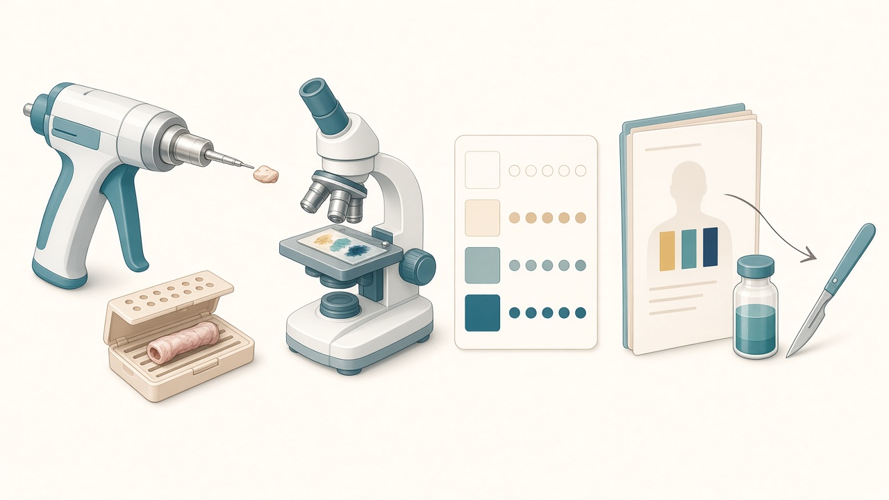 Visual process from a core-needle biopsy and tissue cassette, through a microscope and stain scores, to a report that guides medicine or surgery