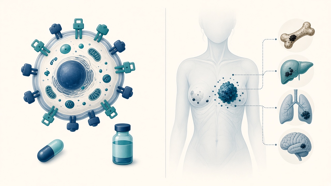 Split visual: a cell with receptors and medicines on the left, and a torso with local, nodal and distant organ spread on the right
