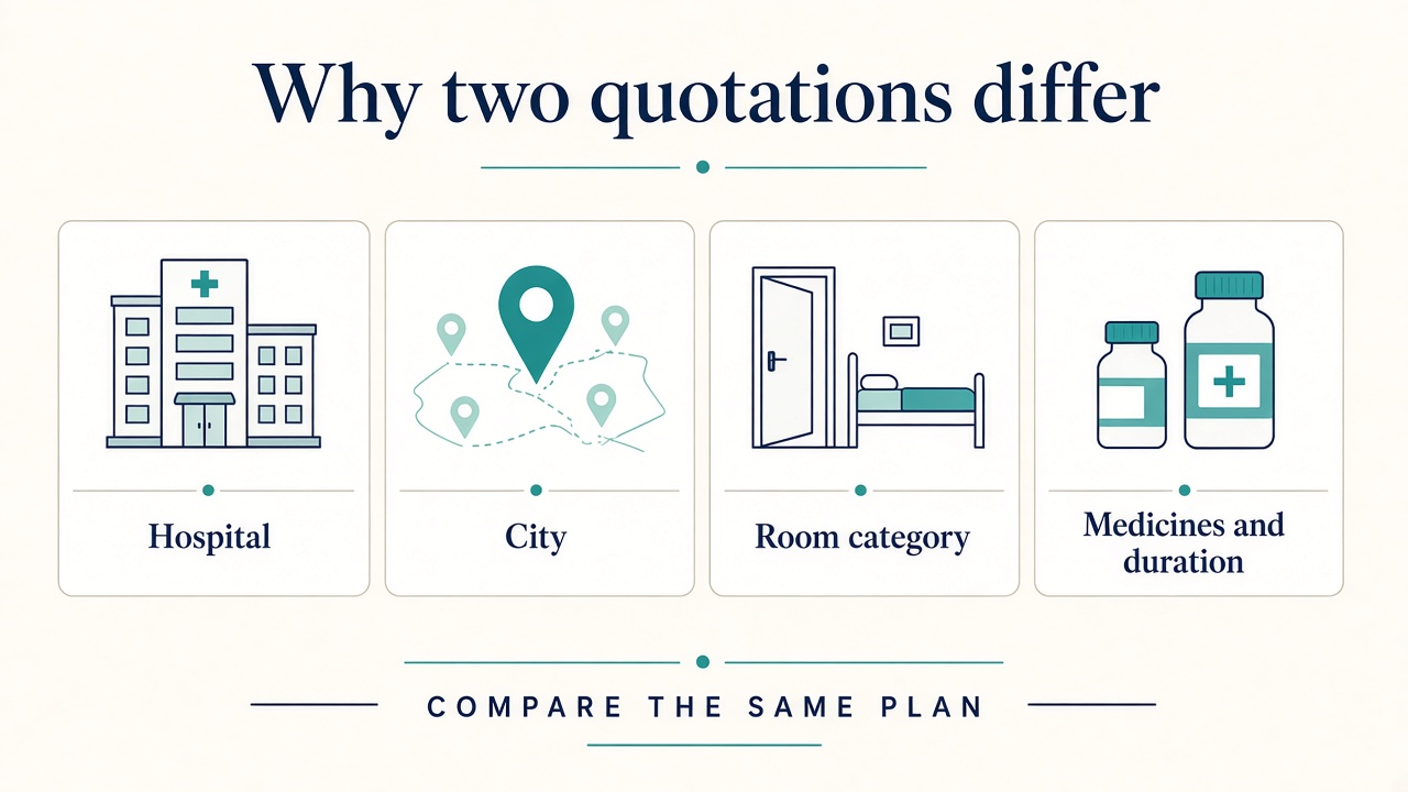 Four-card diagram showing hospital, city, room category and medicines as reasons two breast cancer quotations can differ