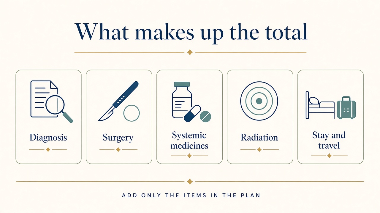 Diagram of the main cost lines in breast cancer treatment: diagnosis, surgery, medicines, radiation, and stay or travel