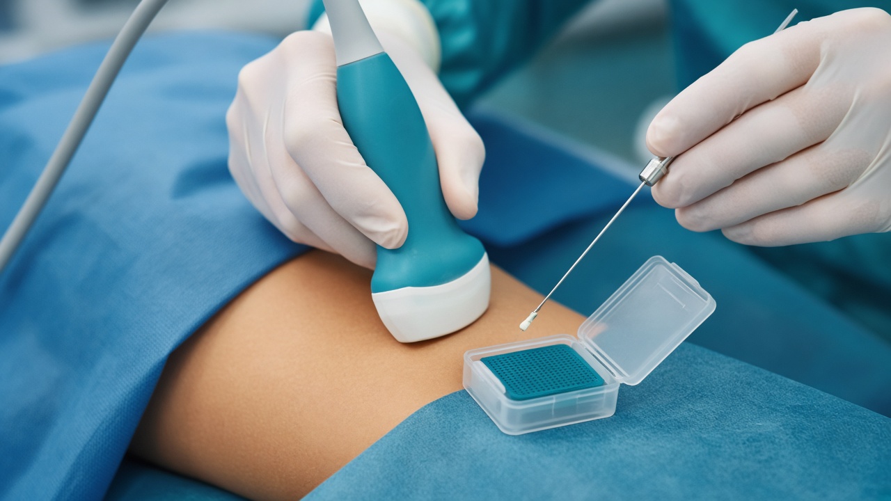 Gloved hands hold an ultrasound probe and a thin biopsy needle above skin, with a pathology cassette ready for tissue cores