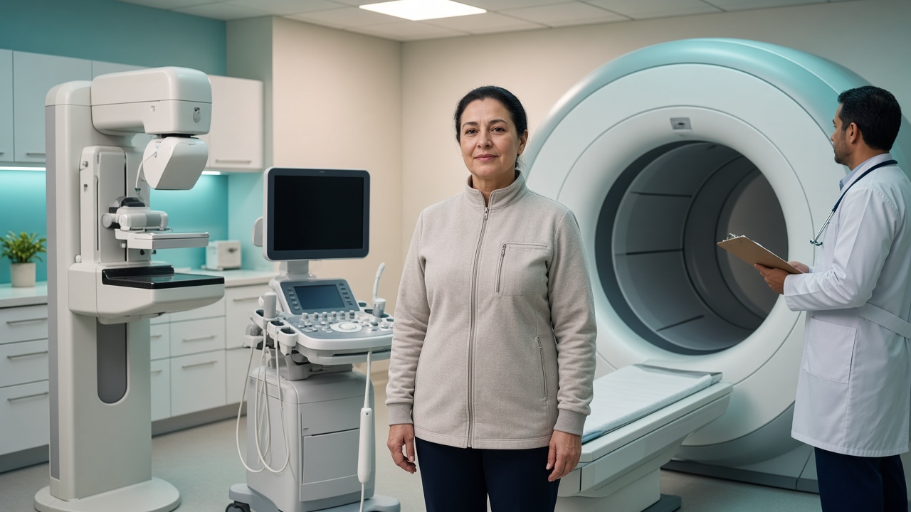 Breast cancer diagnosis process showing mammography biopsy pathology ER PR and HER2 testing