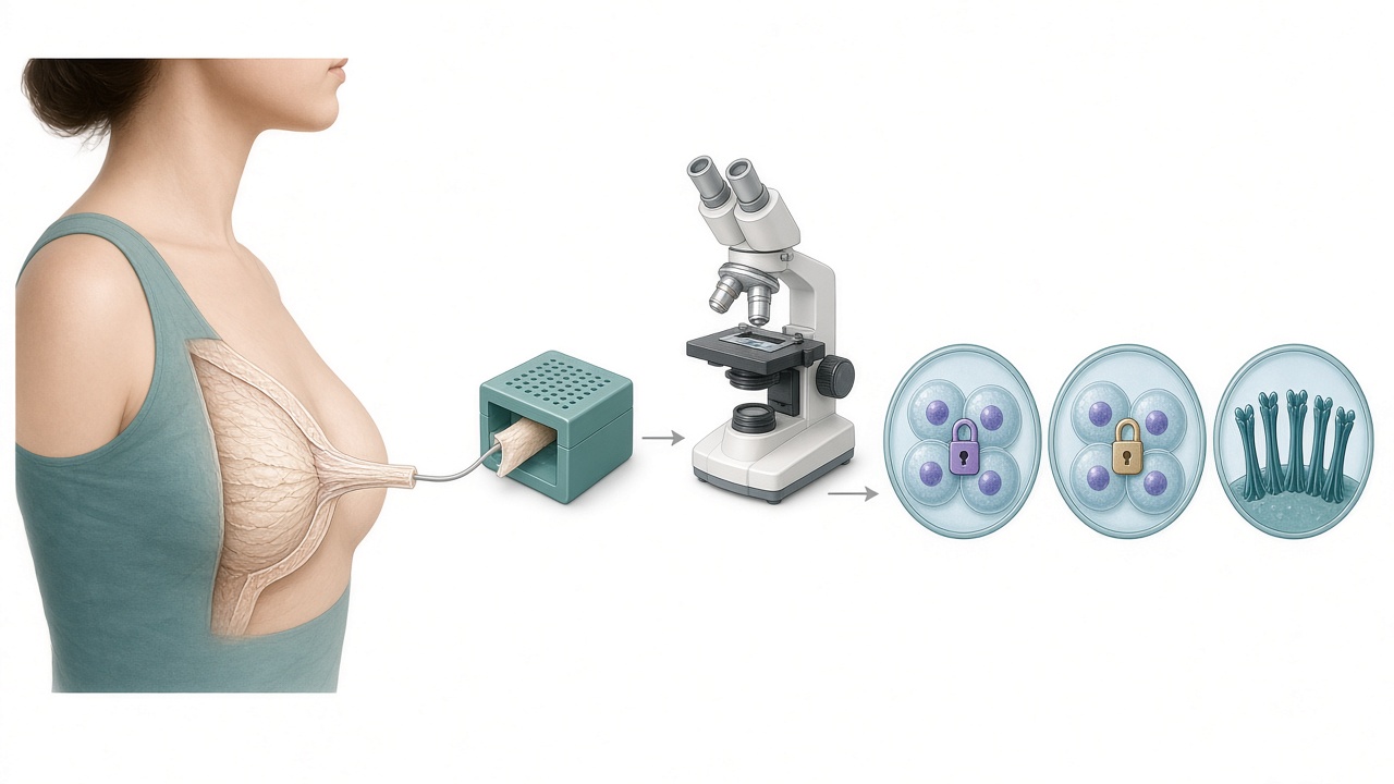 Anatomical chest illustration with a tissue core moving into a cassette, then a microscope, then three assay wells for estrogen receptors, progesterone receptors and HER2