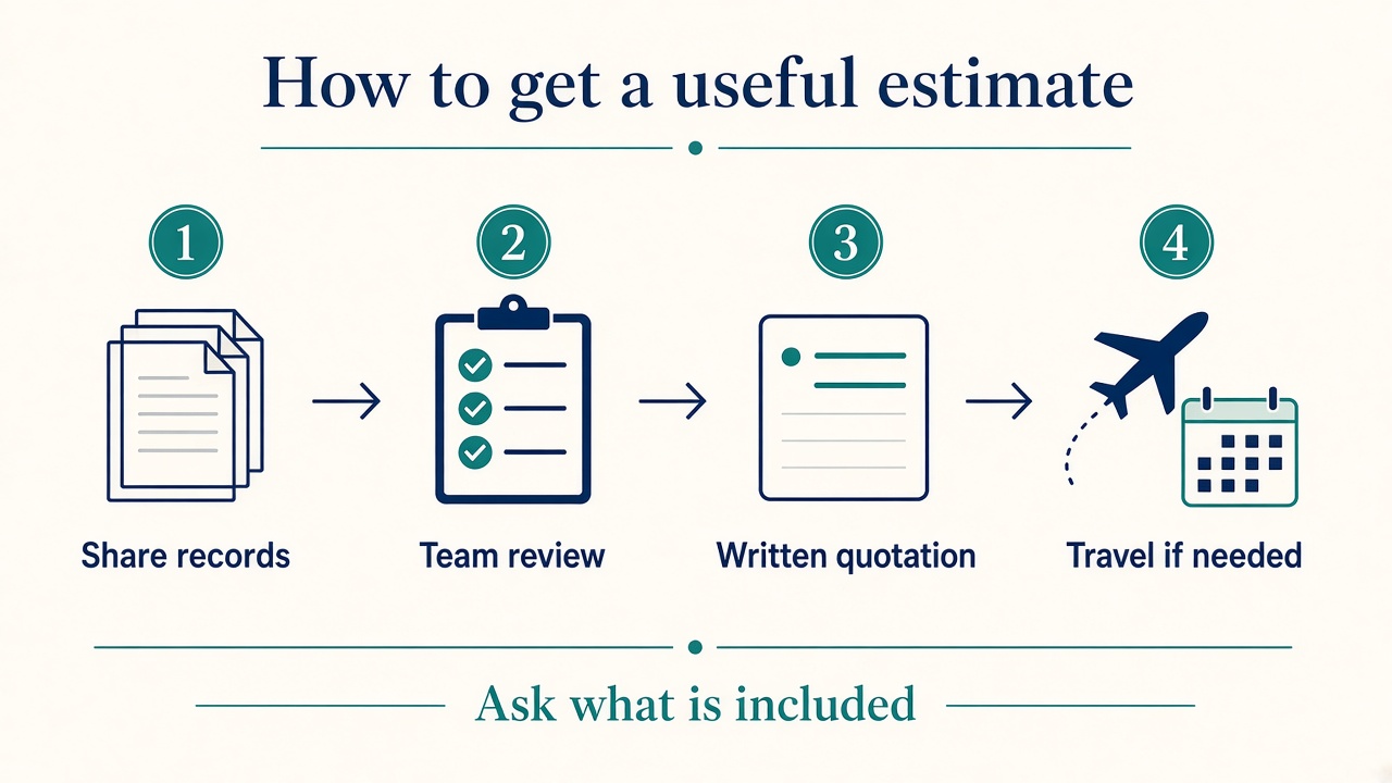 Four-step diagram from sharing records to team review, a written quotation, and travel if treatment in India is confirmed
