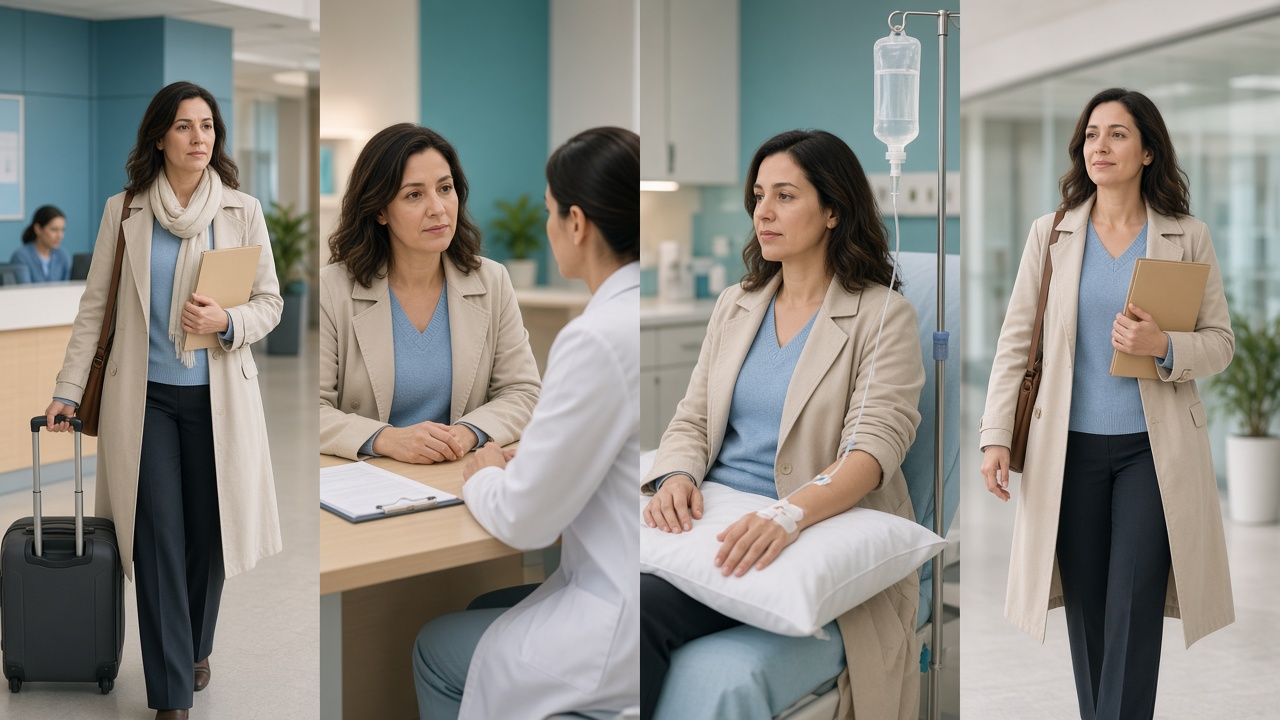 Four moments of the same patient: arriving with a suitcase, consulting a doctor, receiving an infusion, then leaving with discharge records