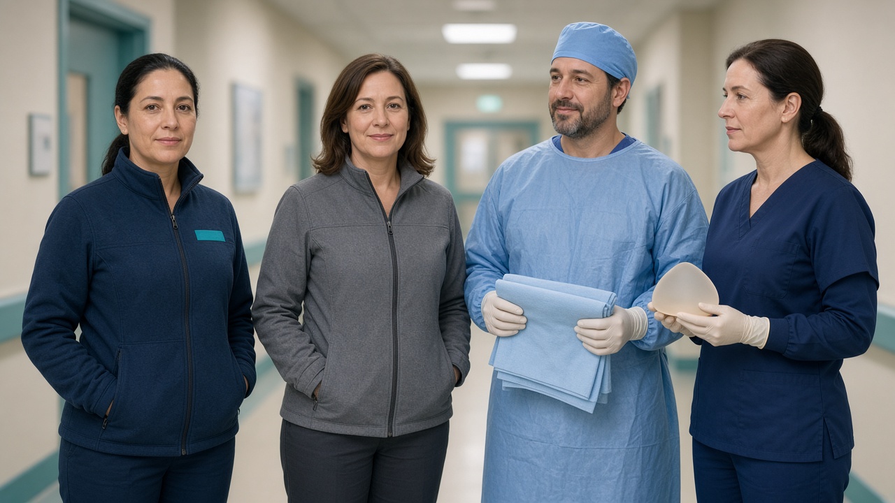 Two patients standing with a surgeon and a reconstructive specialist holding an implant model