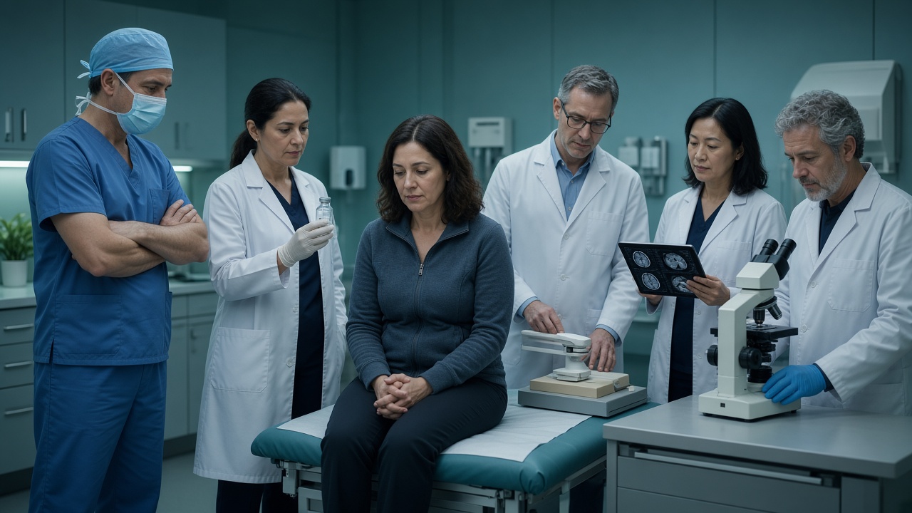 A patient seated with a surgeon, medical oncologist, radiation oncologist, radiologist and pathologist