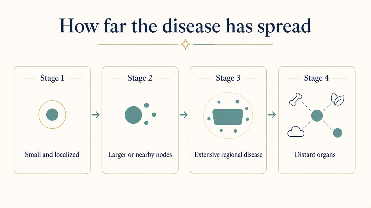 Diagram of breast cancer Stages 1 to 4, from a small localized tumour to distant organ spread
