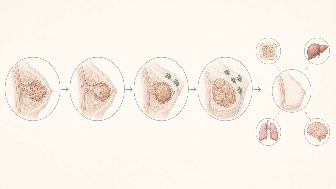 Breast cancer stages 0 1 2 3 and 4 showing tumour progression from cells in a duct through regional nodes to distant organs