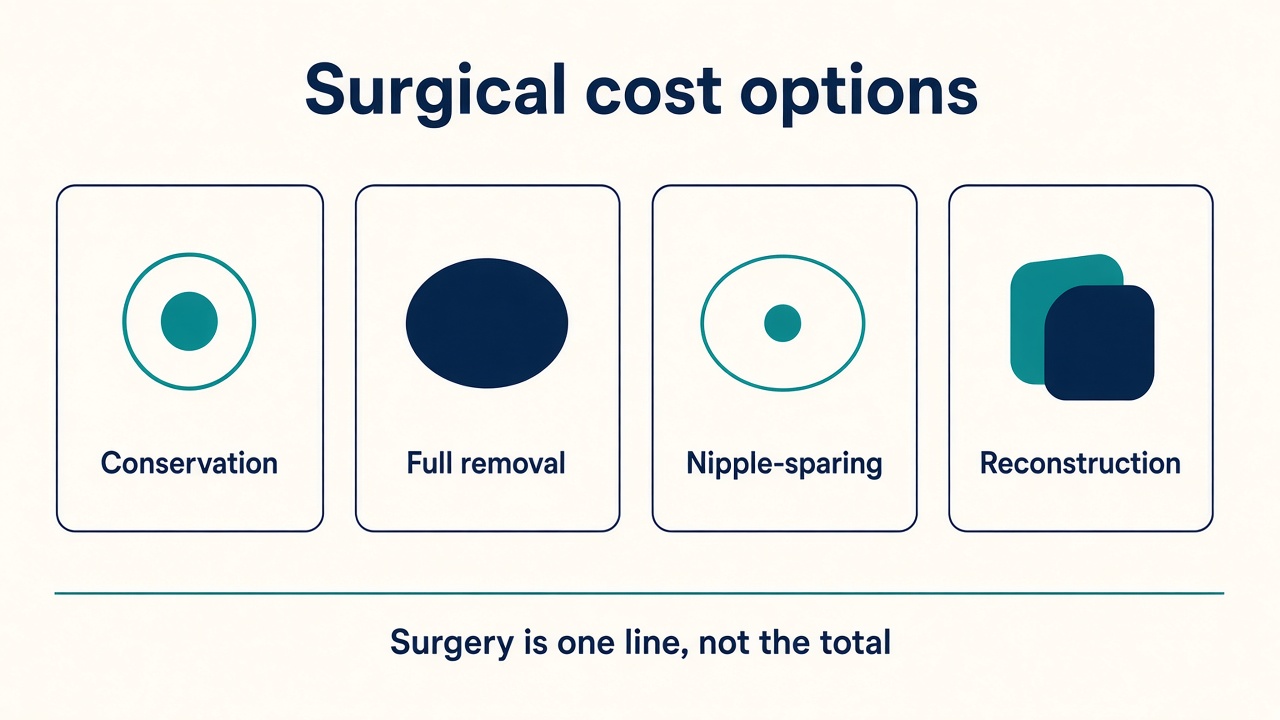 Four-card diagram comparing conservation, full removal, nipple-sparing surgery and reconstruction as separate surgical cost options