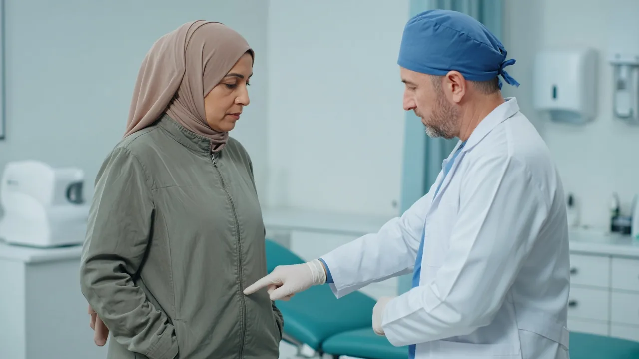 جرّاح يشير إلى موضع محتمل لأخذ النسيج من البطن على مريضة مرتدية ملابسها