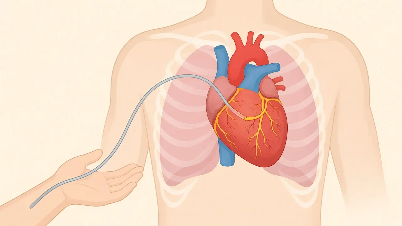 A catheter drawn toward the coronary arteries on the surface of the heart