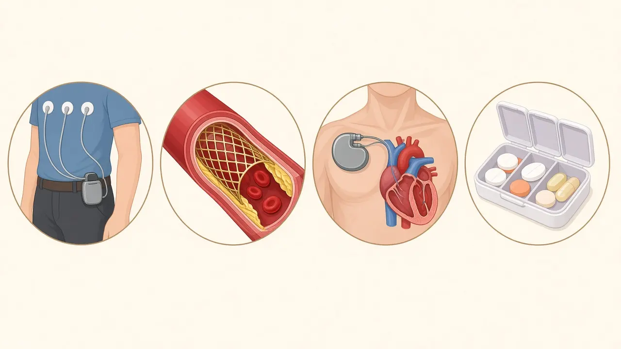 A waist rhythm recorder, a stent inside an artery, a pacemaker on the upper chest, and a pill box