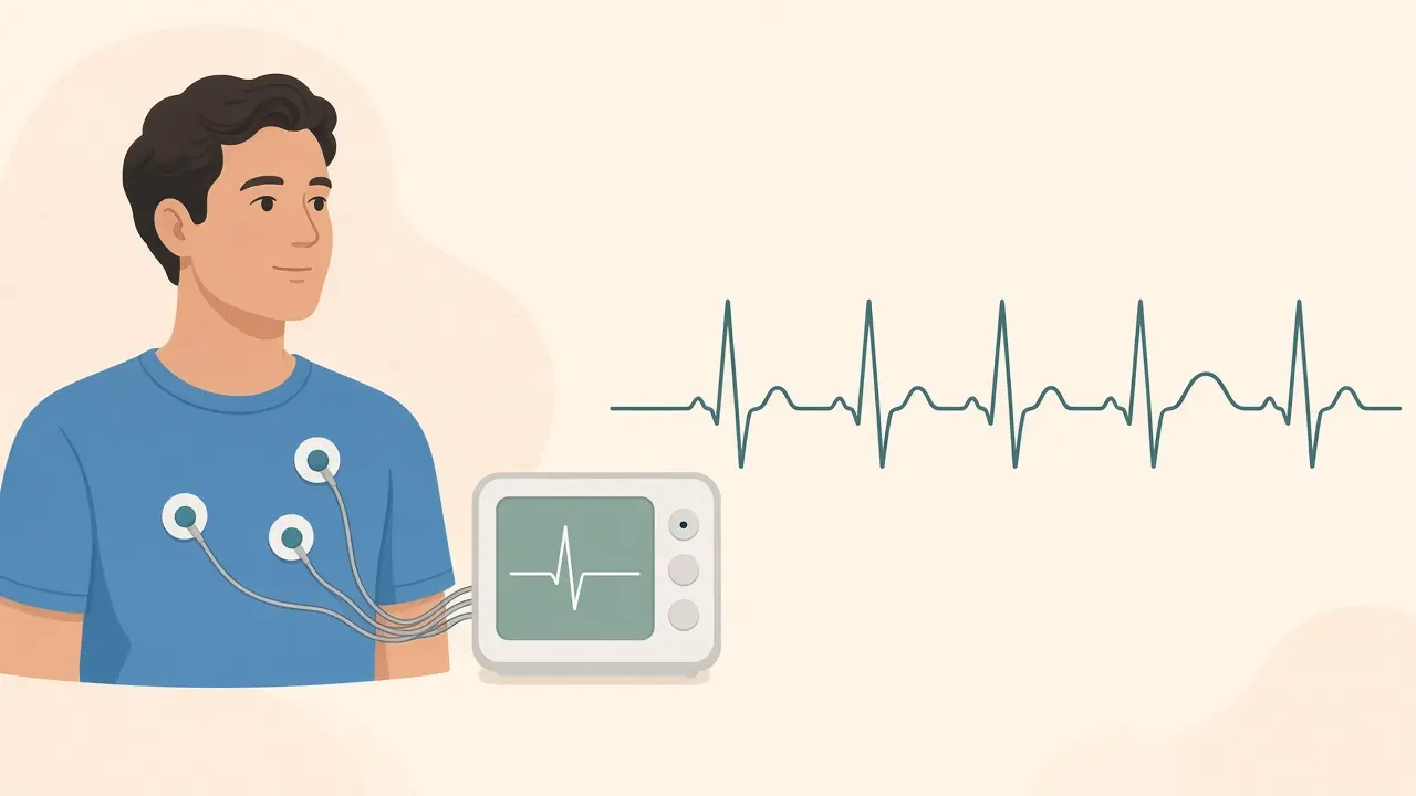 Chest electrodes connected to a small monitor, with a heartbeat tracing beside them