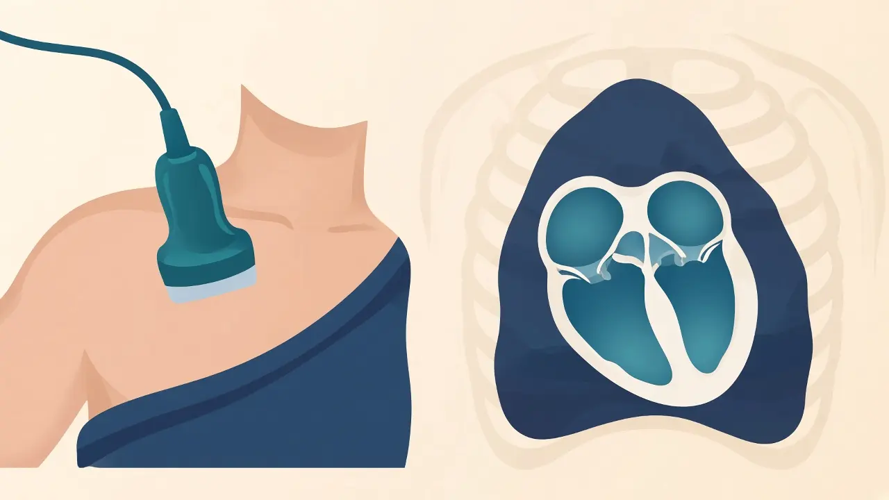 An ultrasound probe on the upper chest beside a simplified four-chamber view of the heart