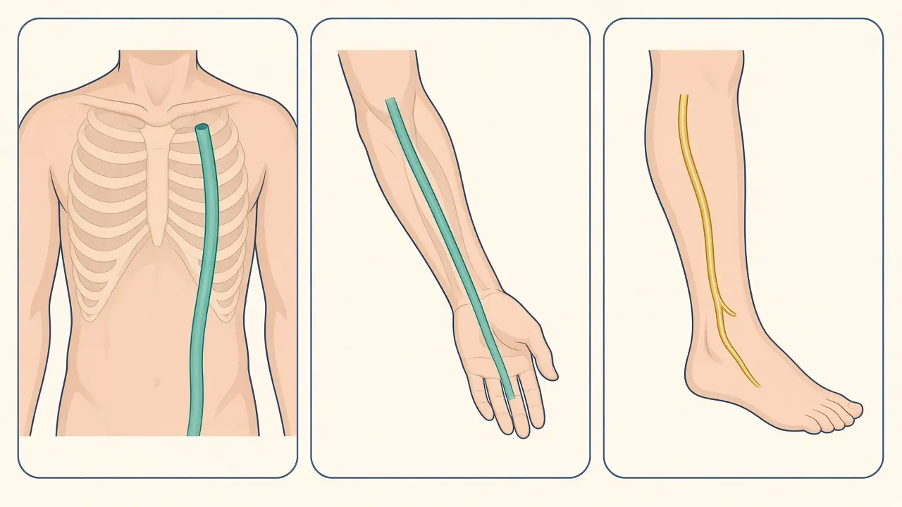 Three panels showing a vessel along the chest wall, a vessel in the forearm, and a vein in the lower leg