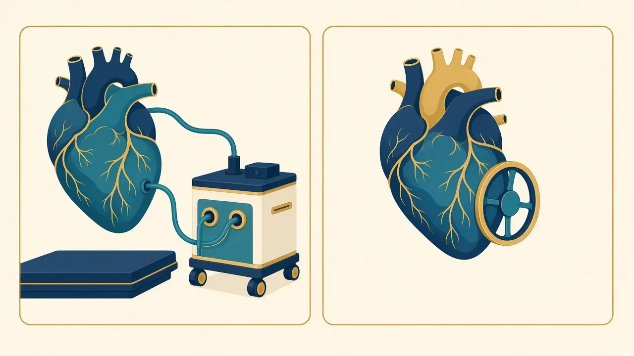 Left, a heart connected by tubes to a heart-lung machine. Right, a heart with a stabilizing ring and no external machine