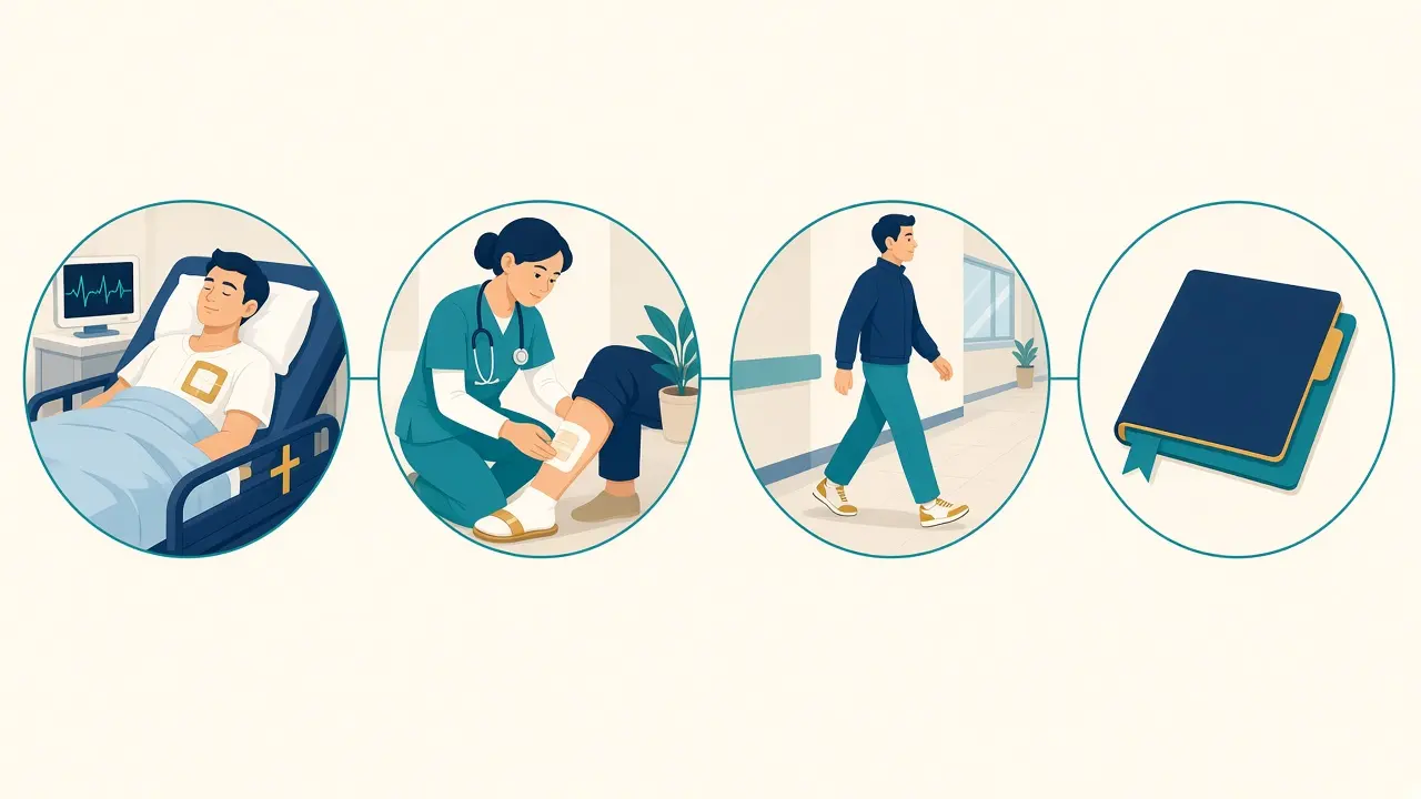 Four steps after bypass surgery: a monitored hospital bed, a leg dressing check, walking in a corridor, and a discharge folder