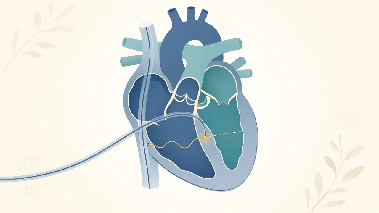 Simplified illustration of a catheter reaching the inside of the heart and a highlighted point where ablation energy is applied