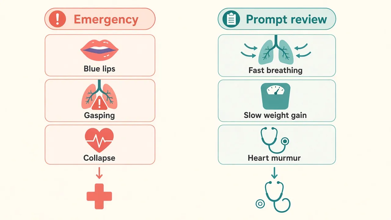 Two columns labeled Emergency and Prompt review: blue lips, gasping and collapse on one side, and fast breathing, slow weight gain and a heart murmur on the other