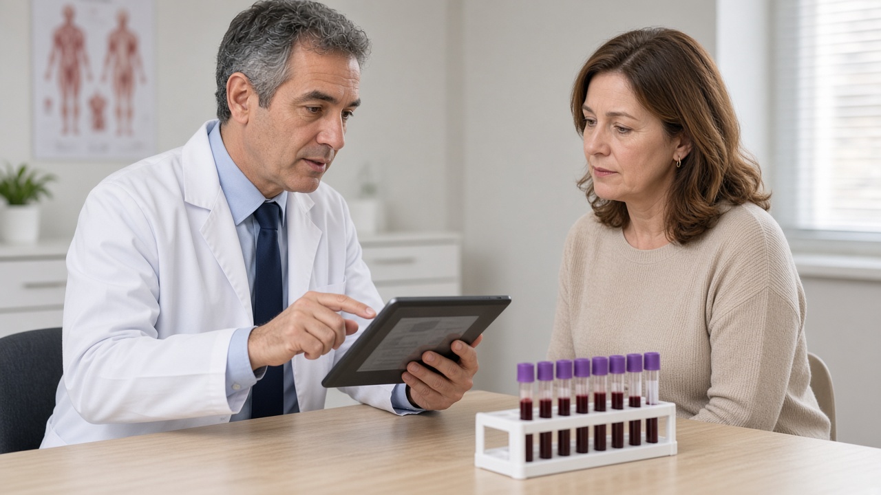 Medical oncologist reviewing blood-test results with a patient before a chemotherapy cycle