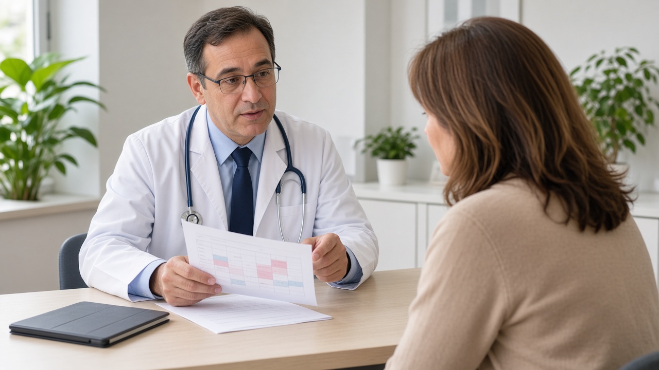 Medical oncologist discussing a chemotherapy cycle calendar with a patient
