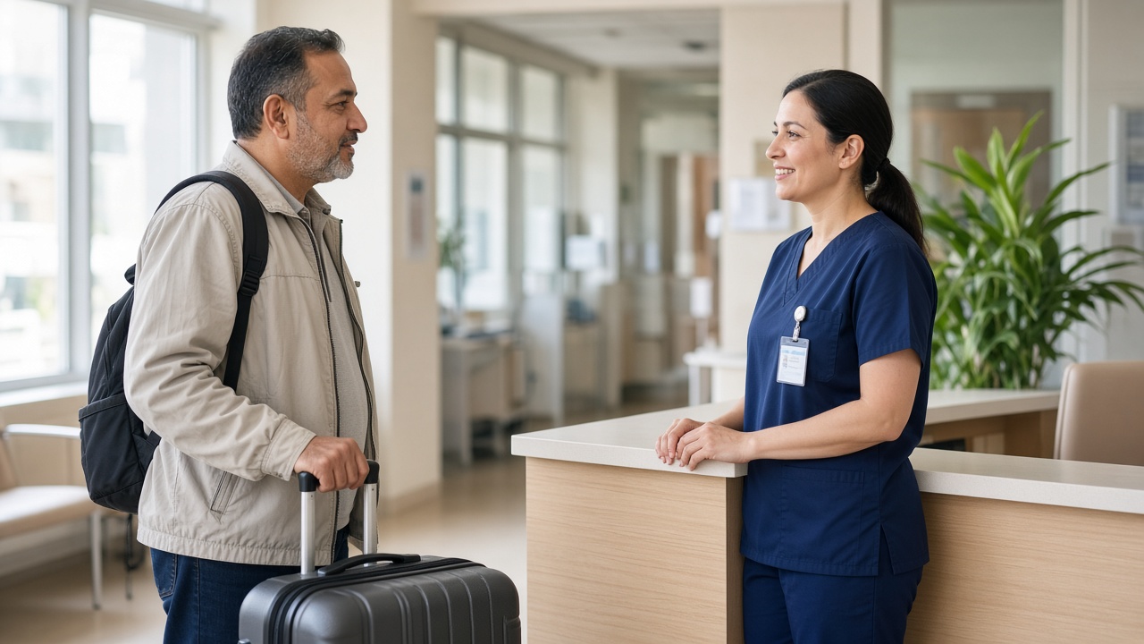 International patient meeting a day-care nurse before a chemotherapy visit in India