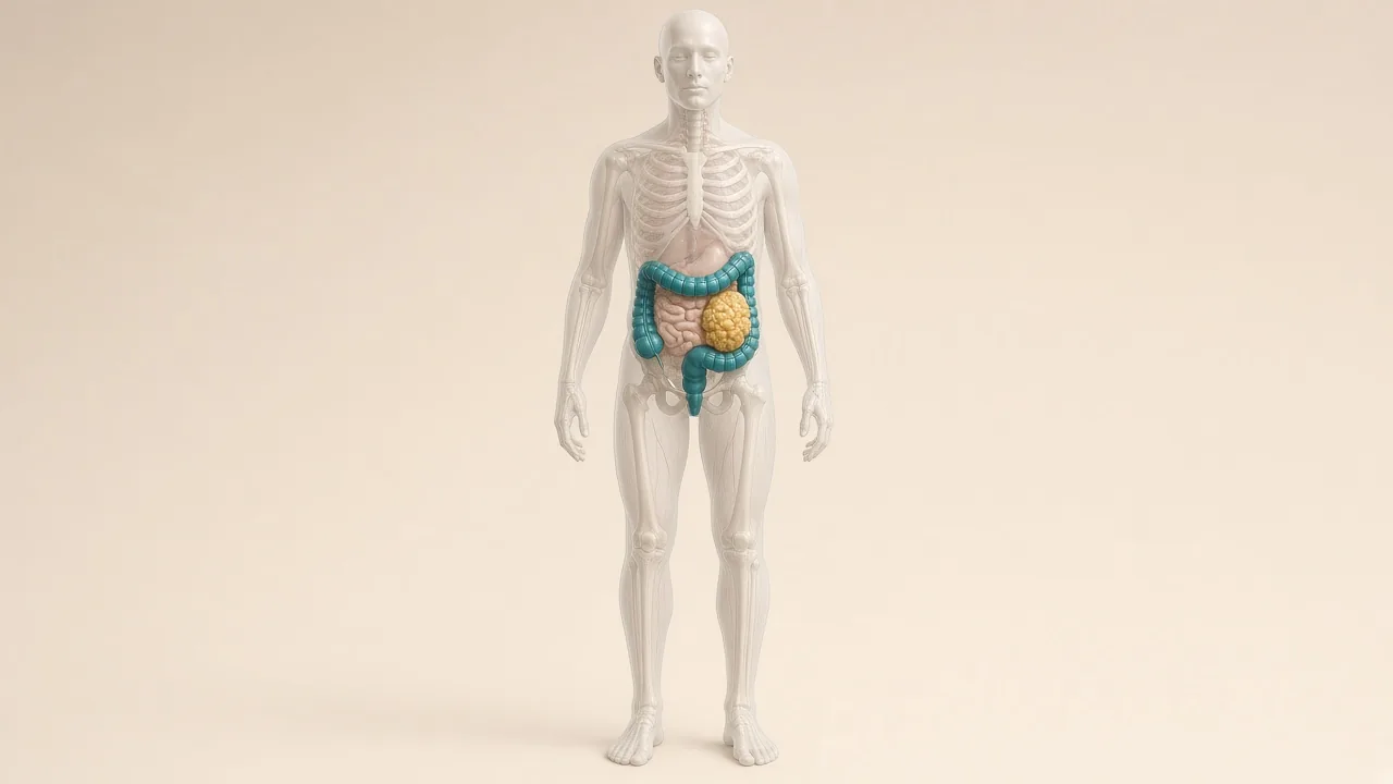 Transparent adult body with a teal colon and a gold tumour used to explain systemic colon cancer chemotherapy