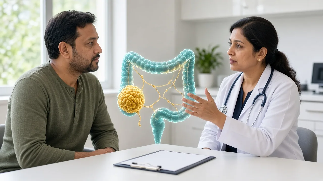 Adult patient in clinic with a colon-and-lymph-node overlay while a medical oncologist explains FOLFOX versus CAPOX
