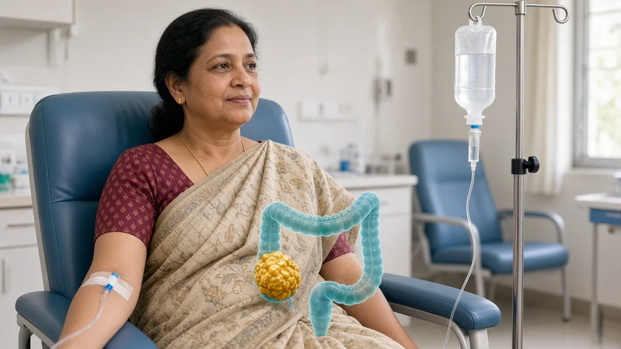 Adult in a chemotherapy day-care chair with a colon-and-tumour overlay used to explain outpatient FOLFOX or FOLFIRI