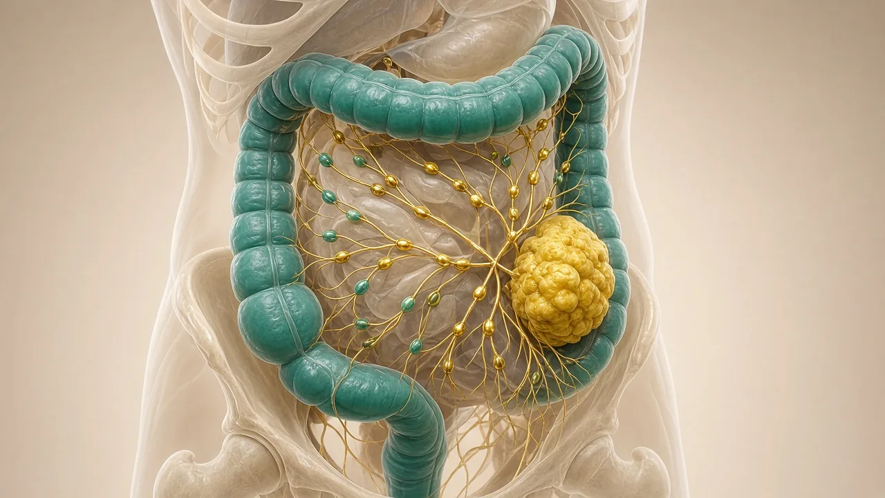 Transparent adult abdomen showing a teal colon, gold tumour and mixed gold and teal mesenteric lymph nodes used to explain adjuvant chemotherapy