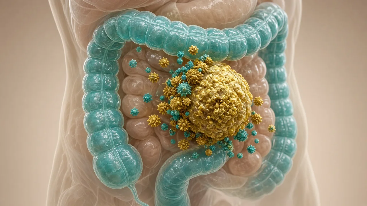 Transparent abdomen showing a teal colon and a gold tumour surrounded by immune cells used to explain checkpoint inhibitors
