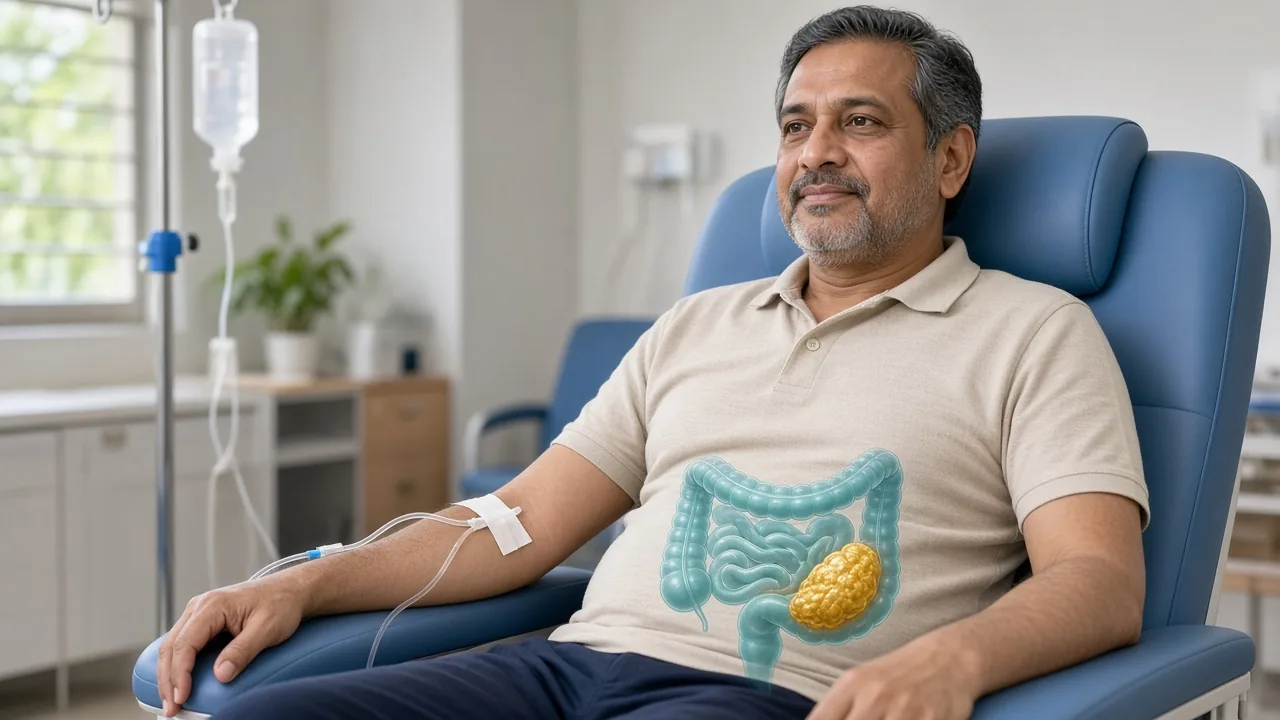 Adult in an immunotherapy day-care chair with a colon-and-tumour overlay used to explain pembrolizumab or nivolumab
