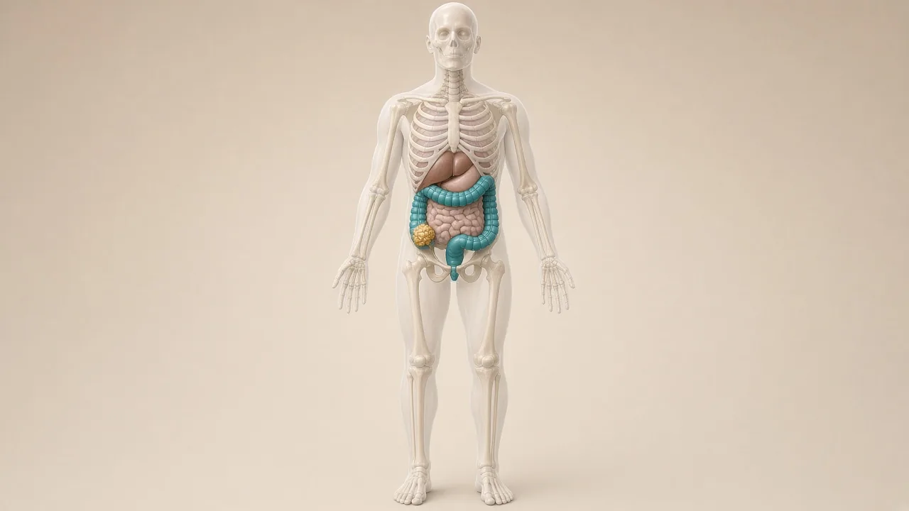 Transparent adult body with a teal colon and a small gold tumour confined to the bowel wall used to explain Stage 1 colon cancer