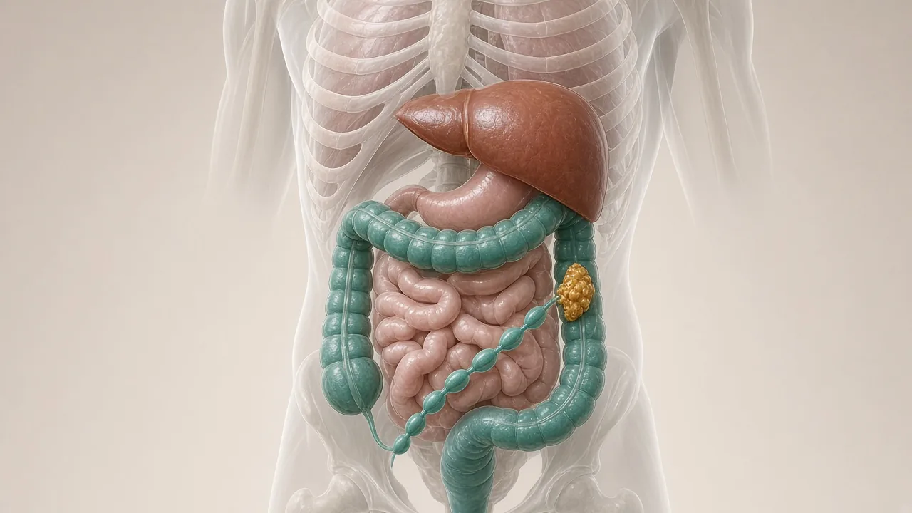 Transparent adult torso showing a teal right colon, gold wall-invasive tumour and teal mesenteric lymph nodes used to explain Stage 2 node sampling