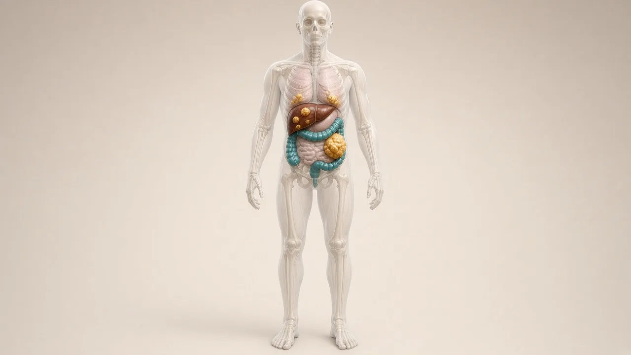 Transparent adult body with a teal colon, gold primary tumour and gold liver metastases used to explain Stage 4 colon cancer