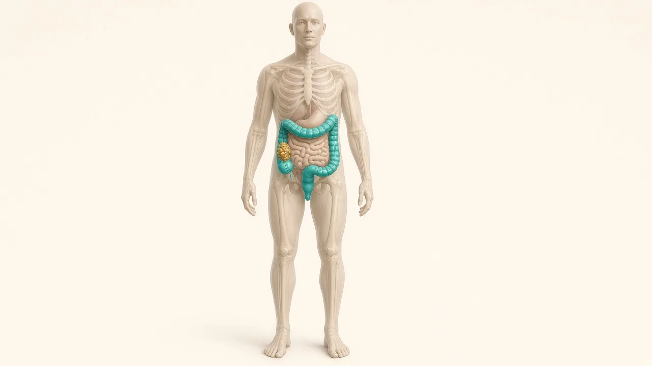 Transparent adult body with a teal colon and a gold tumour overlay used to explain colon cancer surgery