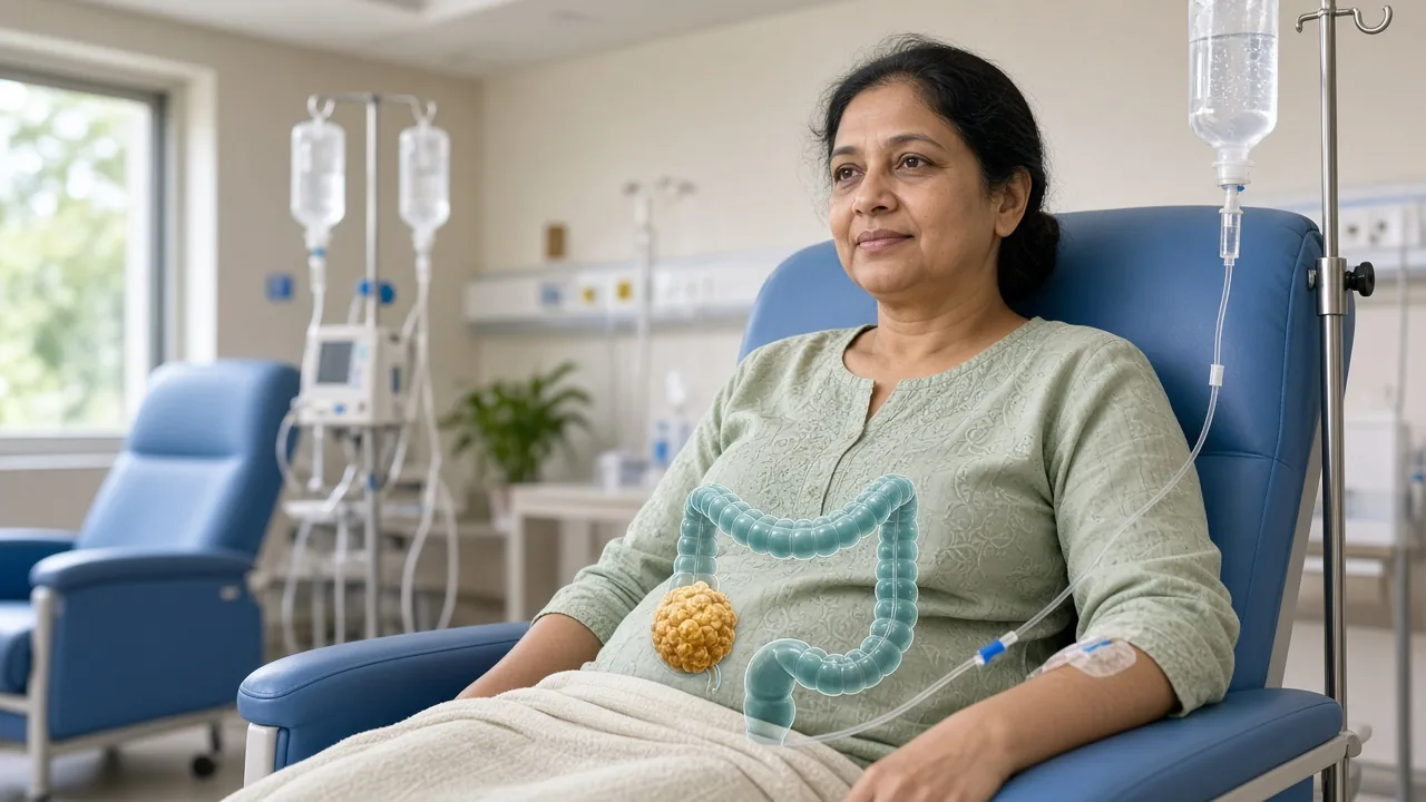 Adult in a day-care infusion chair with a colon-and-tumour overlay used to explain bevacizumab or cetuximab targeted therapy