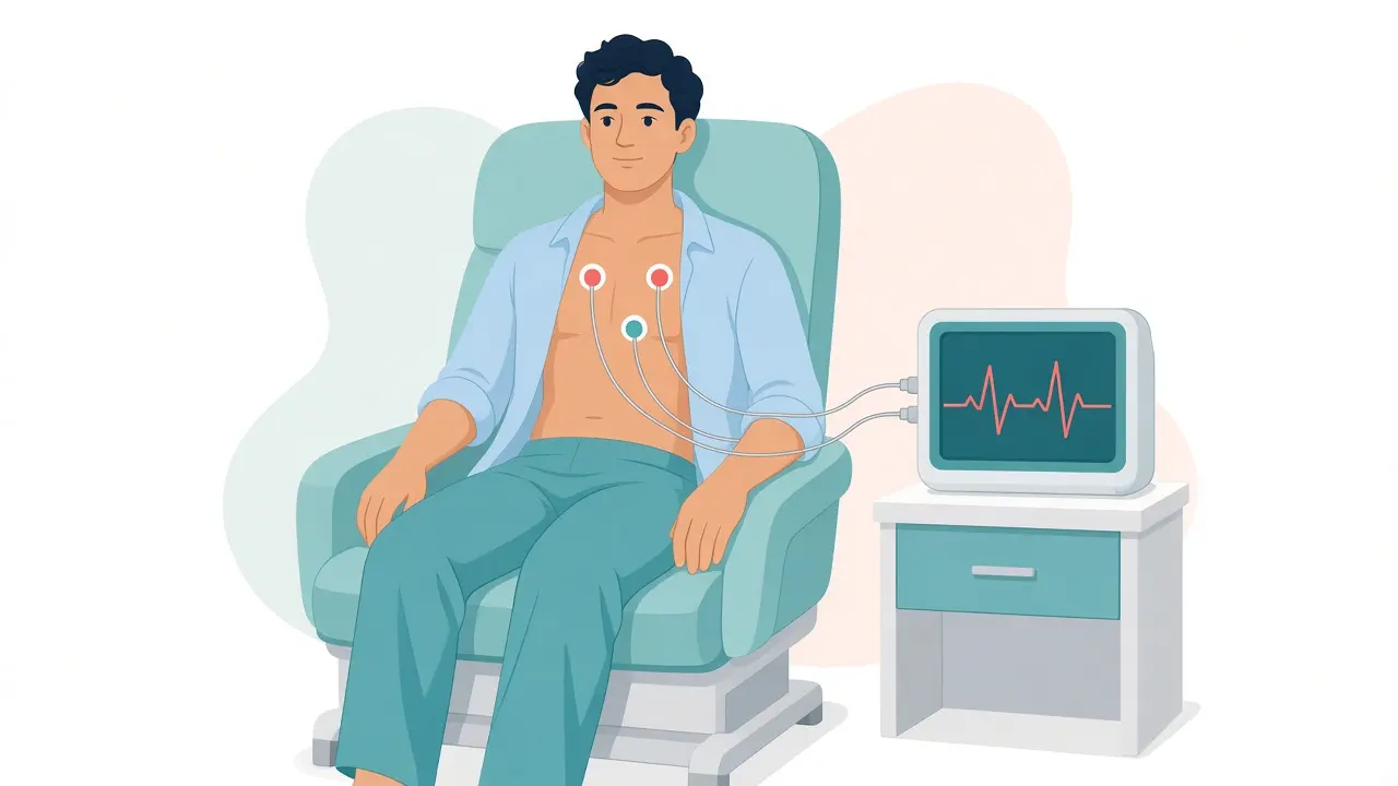 Three chest electrodes connected to a monitor showing a heartbeat wave