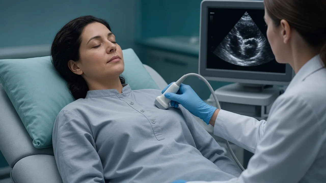 Clinician performing an echocardiogram on a clothed patient during HER2-targeted treatment