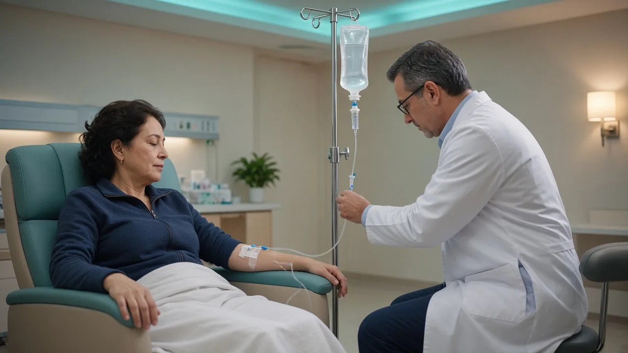 Patient receiving an infusion while a medical oncologist prepares HER2-targeted treatment