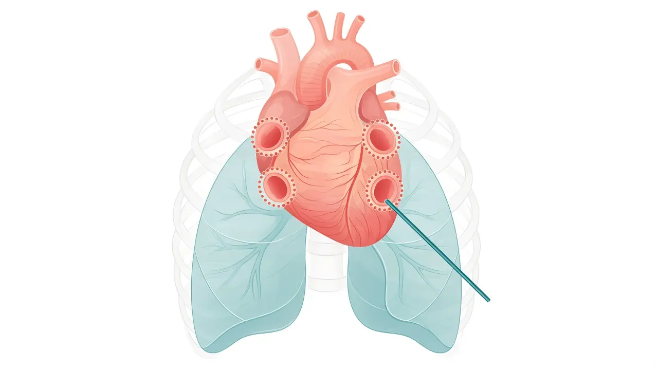 Four vein openings ringed with ablation points, and a catheter