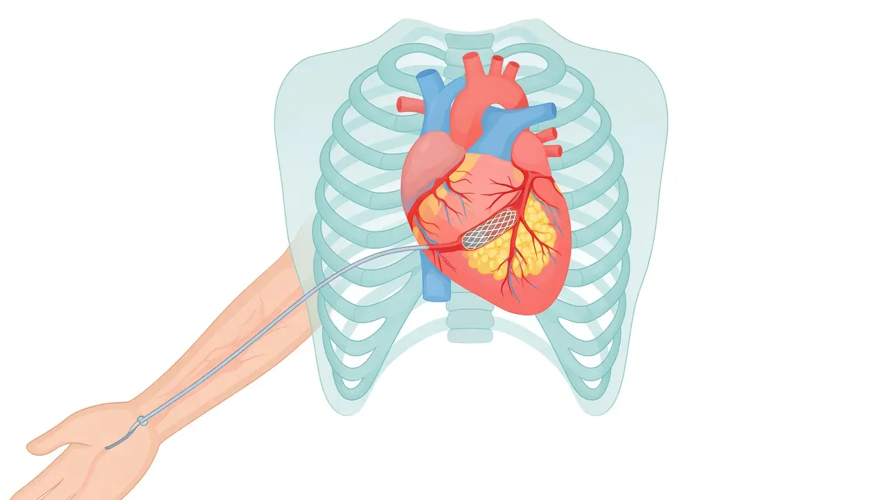 A catheter from the wrist to a mesh stent in a coronary artery
