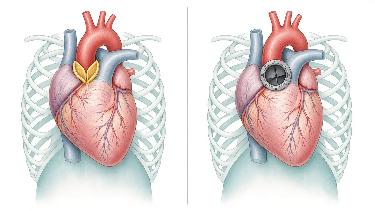 Thickened valve leaflets where the aorta leaves the heart, beside a mechanical valve in that place