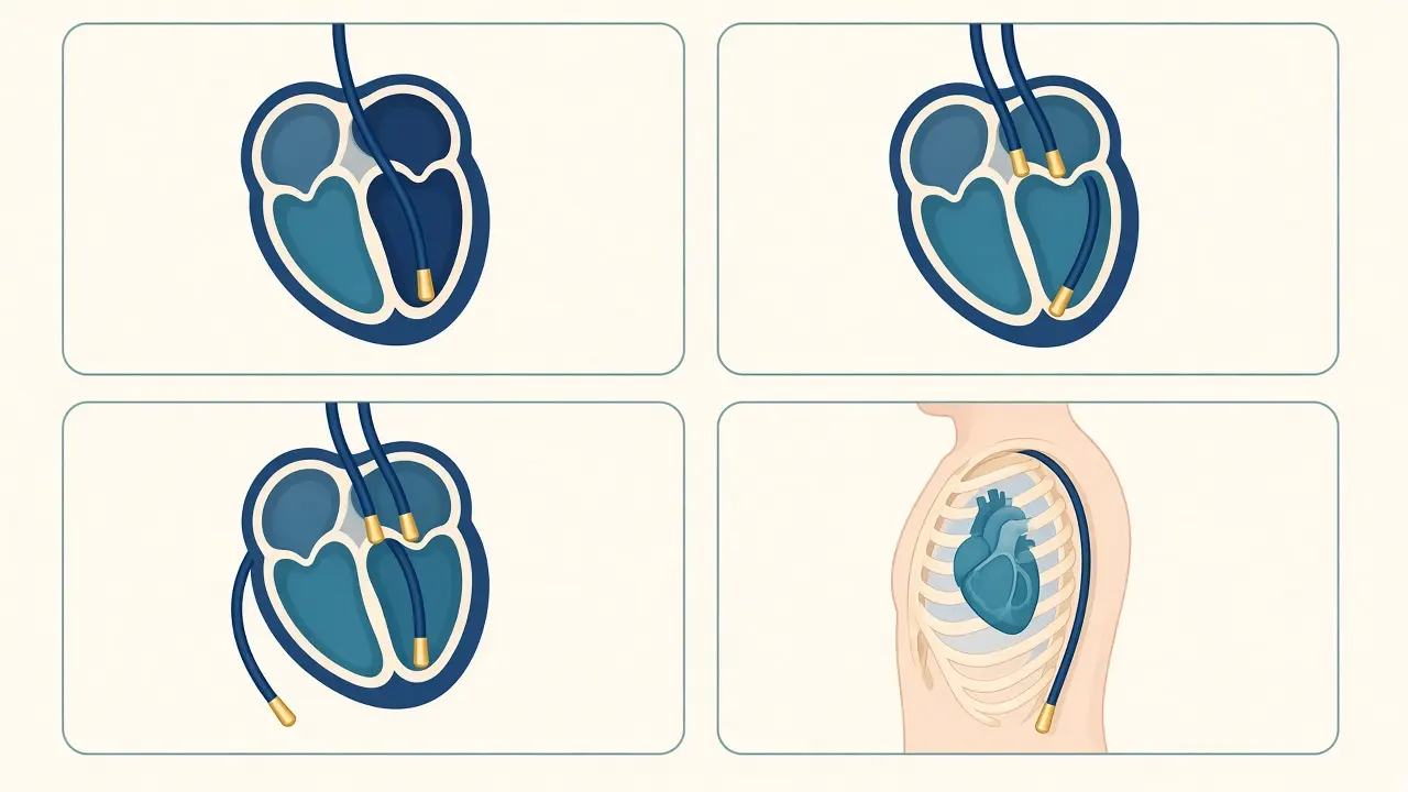 Four simplified diagrams showing one ventricular lead, atrial and ventricular leads, a third lead along the left side of the heart, and a lead under the skin outside the heart