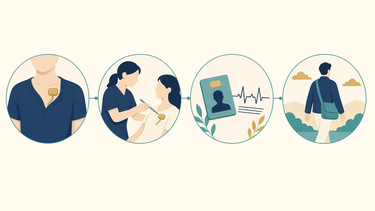 Four-step illustration of an upper-chest device, a clinic check with a programmer, an identification card with an ECG trace, and walking after recovery