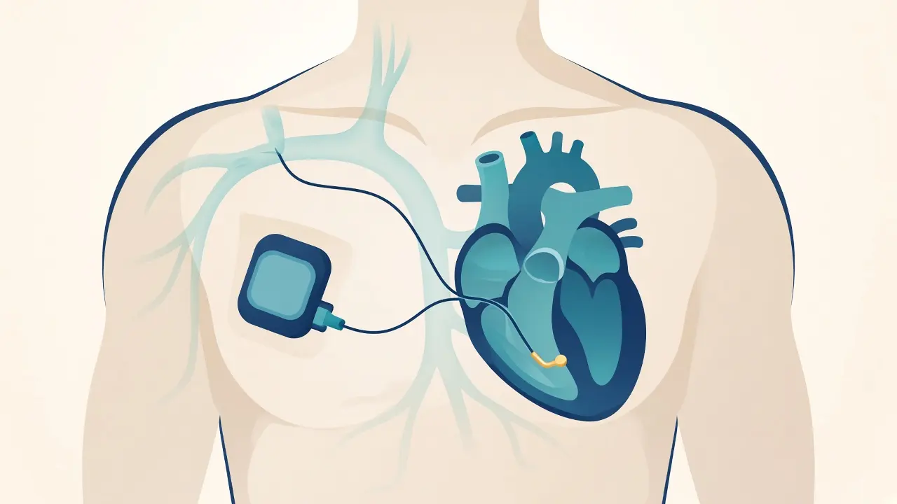 Simplified chest illustration of an ICD generator under the skin of the upper chest with one lead reaching the right ventricle