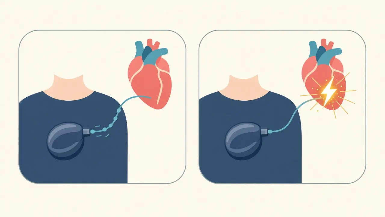 Two panels comparing a pacing lead with small regular pulses and a defibrillator lead with a shock at the heart