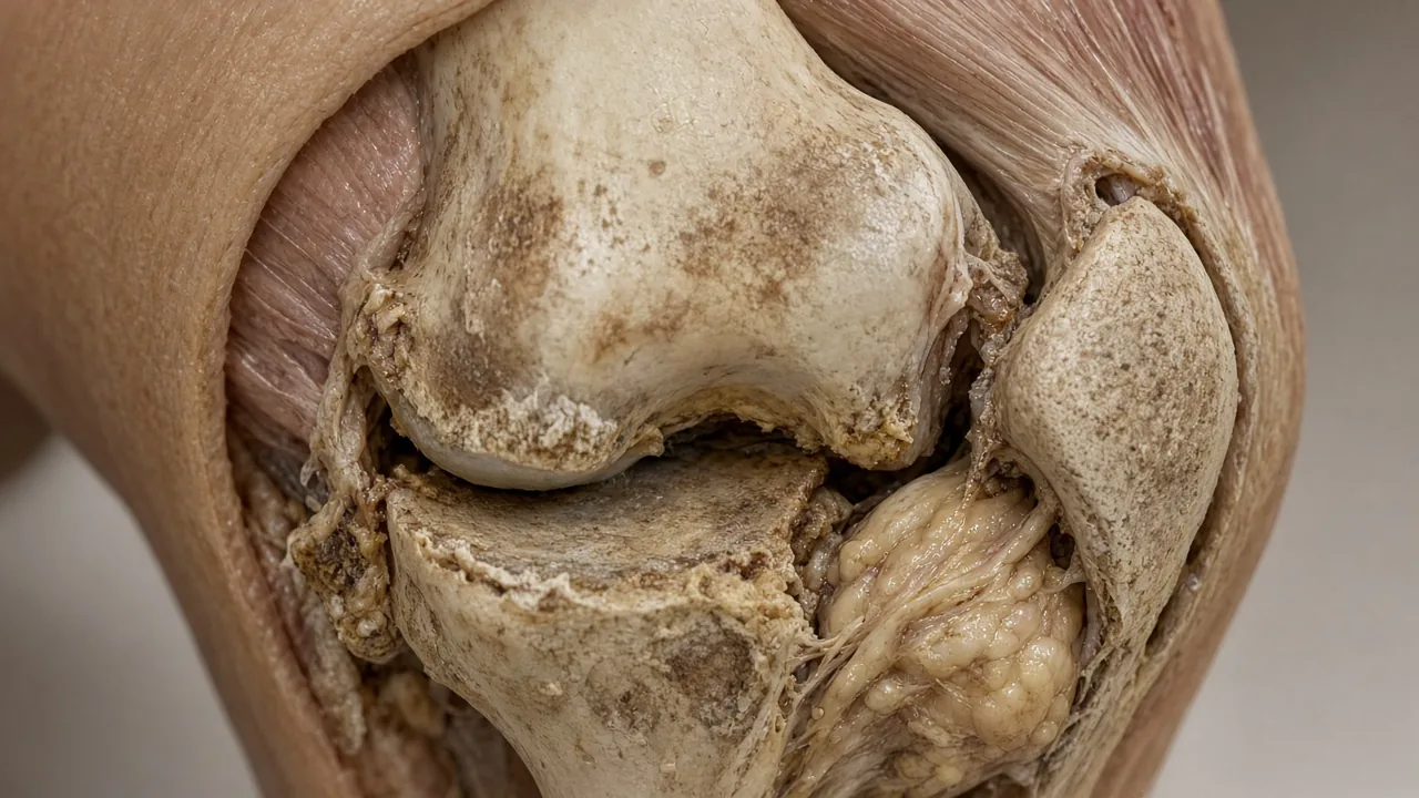 Close-up of an osteoarthritic adult knee showing worn cartilage and exposed bone on the femur, tibia and patella
