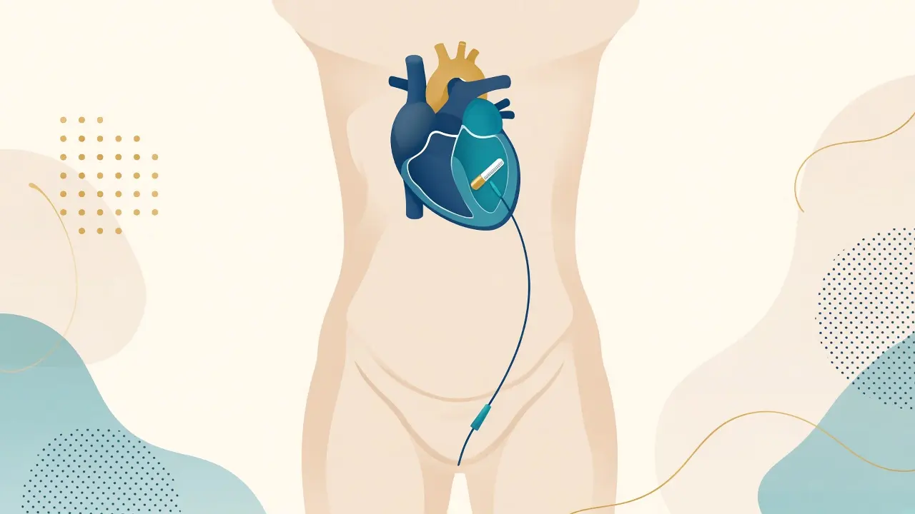 Catheter from the groin vein delivering a small capsule-shaped pacemaker inside the heart, with no chest incision